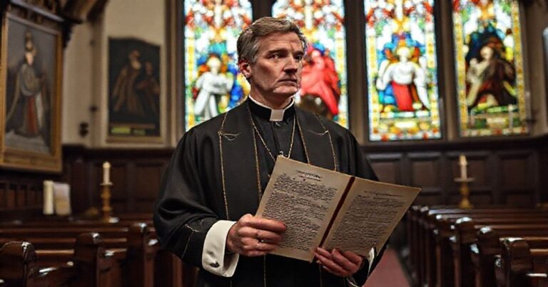 Portret Roberta George'a w tradycyjnym kościele katolickim, otoczonego sztuką sakralną i relikwiami