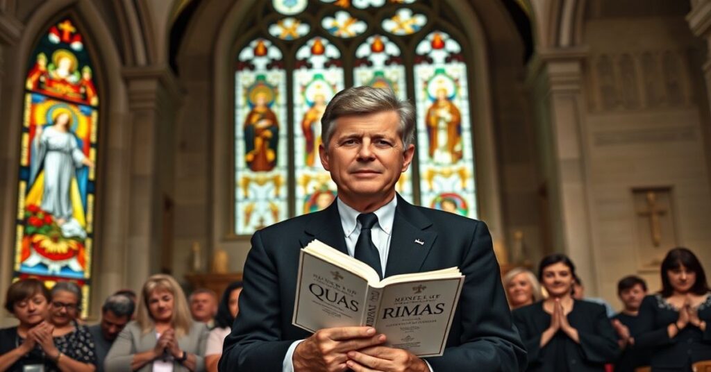 Robert F. Kennedy Jr. przed kościołem katolickim z encykliką Quas Primas, tło modlących się niepełnosprawnych pod oknami witrażowymi przedstawiającymi Chrystusa Króla.