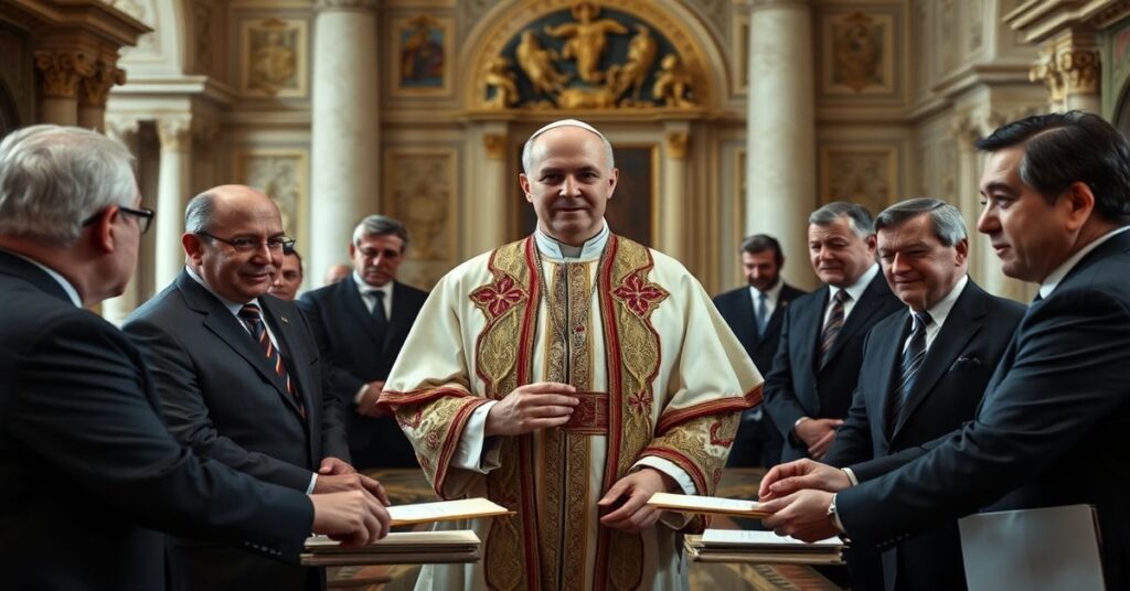 Portret Roberta Prevosta alias „Leona XIV” w watykańskich szatach papieskich podczas spotkania z ambasadorem Iranu Mohammad Hossein Mokhtari