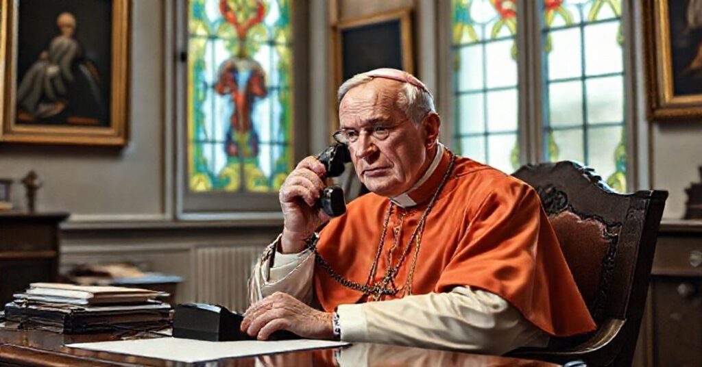 Portret Roberta Prevosta ("Leon XIV") w stroju papieskim podczas rozmowy telefonicznej z prezydentem Izraela Izaakiem Herzogiem w biurze watykańskim.