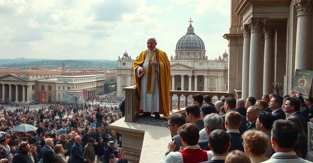 Robert Prevost jako rzekomy "Leon XIV" na balkonie bazyliki watykańskiej w otoczeniu uczestniczących w modernistycznym Jubileuszu Młodych
