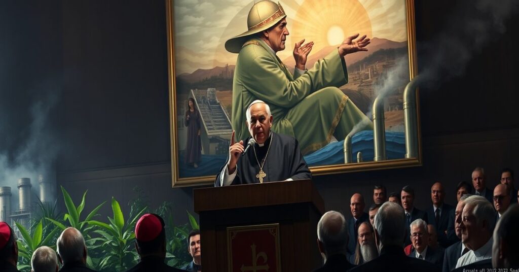 Zdjęcie przedstawia Roberta Prevosta pod imieniem Leona XIV podczas przemówienia na konferencji w Bogocie. Tło zdobi pogańska symbolika i zanieczyszczone środowisko naturalne.