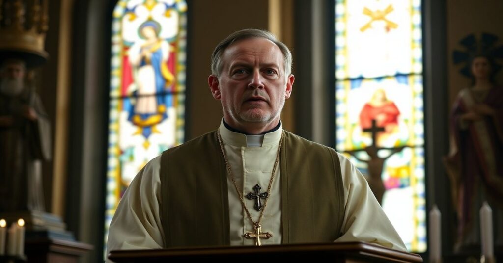 Portret Roberta Prevosta (Leona XIV) w ornaty w anielskim kościele w Angoli