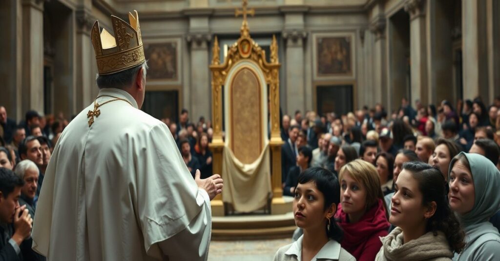 Scena audiencji katolickiej z Robertem Prevostem jako 'Leone XIV' na Placu św. Piotra w Rzymie, symbolizująca sedevacantizm