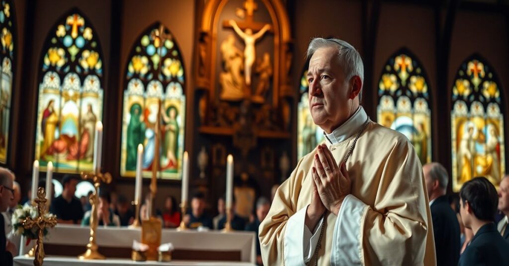 Ołtarz katolicki z krucyfiksem i ikonami religijnymi. Robert Prevost (alias "Leon XIV") w papieskim ornacie modli się z poważną miną. W tle zebrani wierni w kościele. Scena wypełniająca treść artykułu o fałszywym pokoju bez Chrystusa Króla.