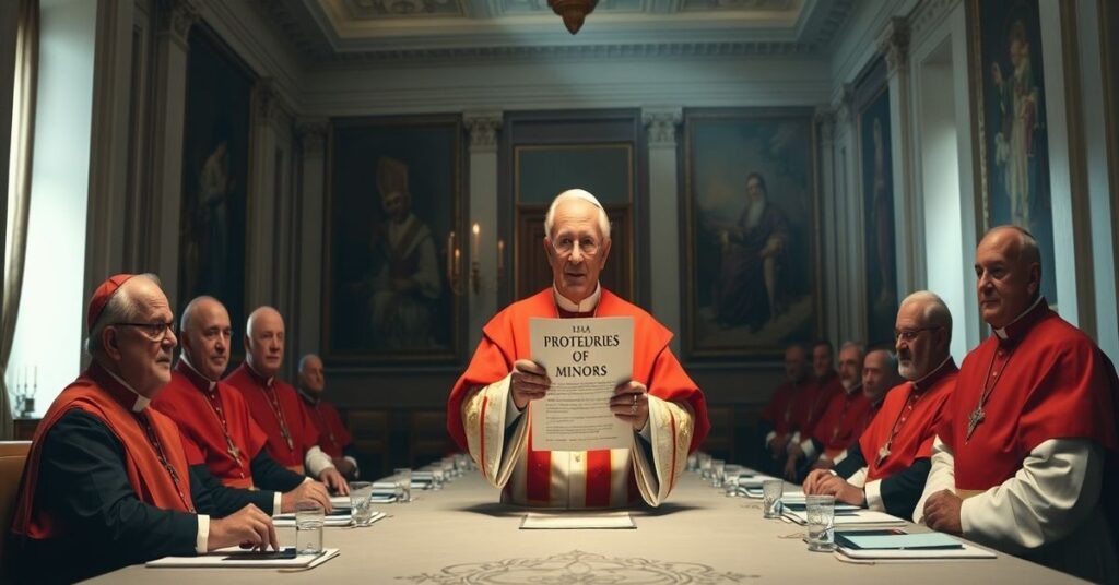 Robert Prevost występujący jako Leon XIV w sali Watykańskiej otoczony modernistycznymi biskupami