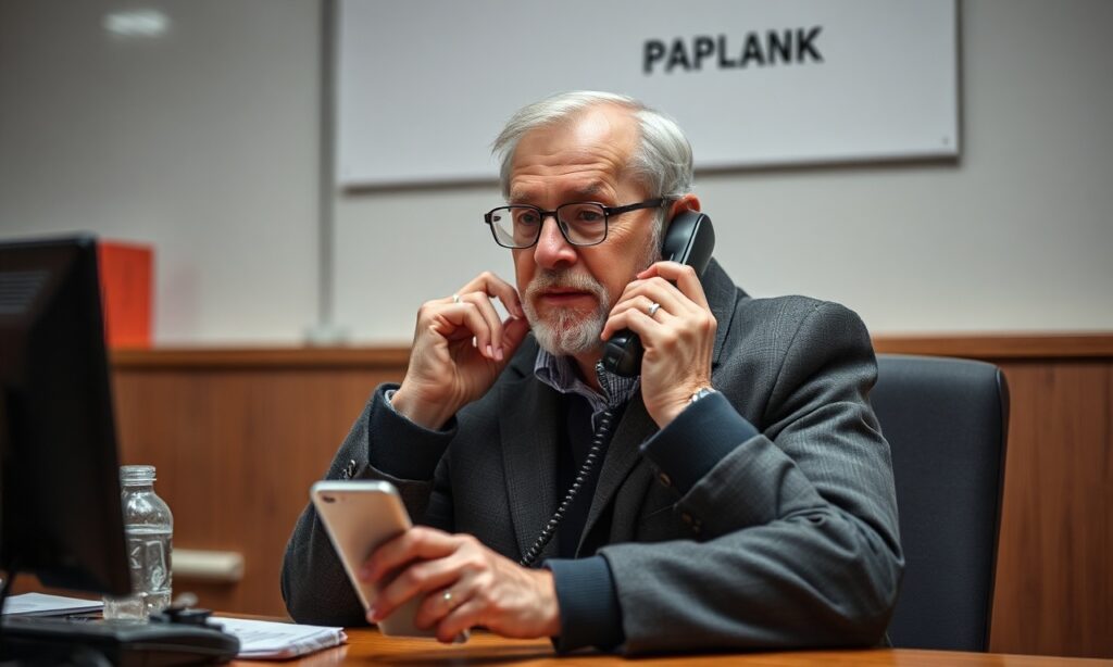 Robert Prevost próbuje zmienić dane kontaktowe w banku - scena przedstawia uzurpatora przy telefonie w tradycyjnym ubiorze papieskim.