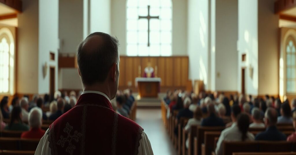 Robert Sarah stoi przed nowoczesnym ołtarzem w kościele, symbolizując fałszywą nadzieję na reformę w Kościele posoborowym.