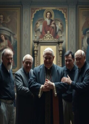 Roberto Francis Prevost i 'audiencja' ze szkoły podstawowej - sekularyzacja papiestwa Grupa mężczyzn w Watykanie przy Roberto Francis Prevosto jako 'Leo XIV', symbolizująca sekularyzację papiestwa