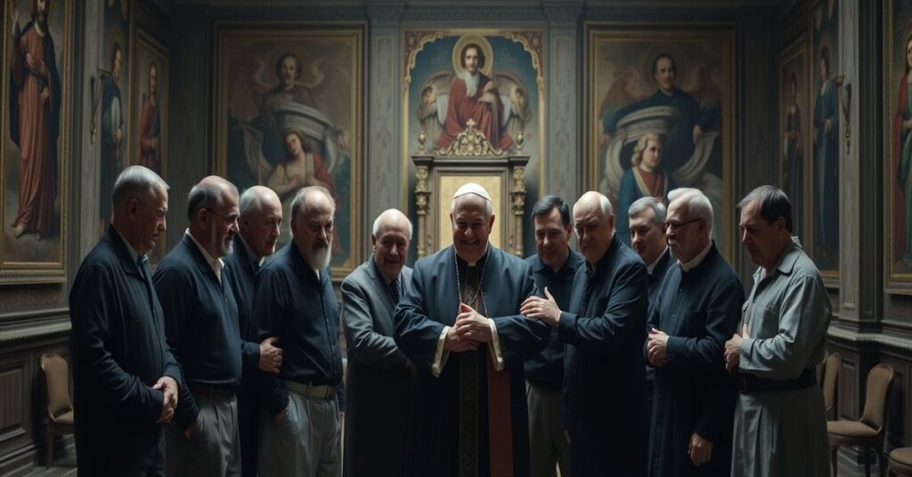 Grupa mężczyzn w Watykanie przy Roberto Francis Prevosto jako 'Leo XIV', symbolizująca sekularyzację papiestwa