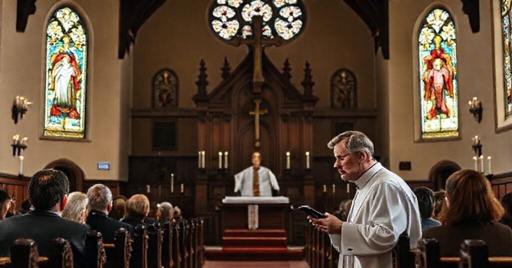 Rod Dreher w tradycyjnym kościele katolickim ze słuchaczami - wizualizacja zagrożeń ekumenizmu i modernizmu