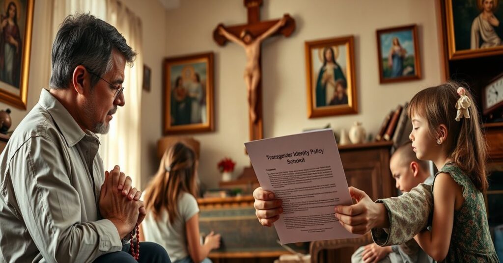 Rodzina katolicka modląca się przed krucyfiksem z troskliwym ojcem trzymającym dokument szkolny o tożsamości transpłciowej
