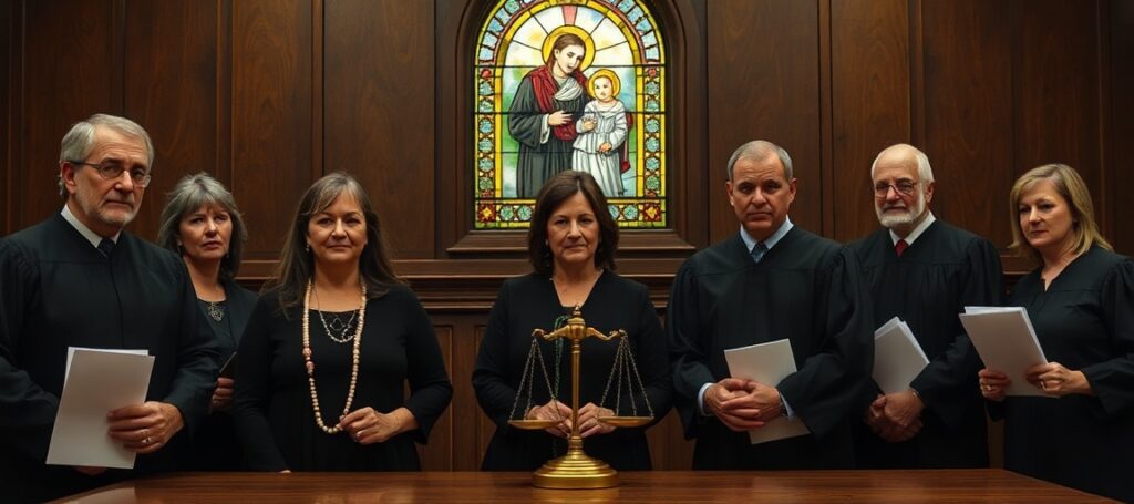 Scena w sądzie federalnym w Michigan z rodzicami katolickimi walczącymi o prawa rodzicielskie wobec aborcji