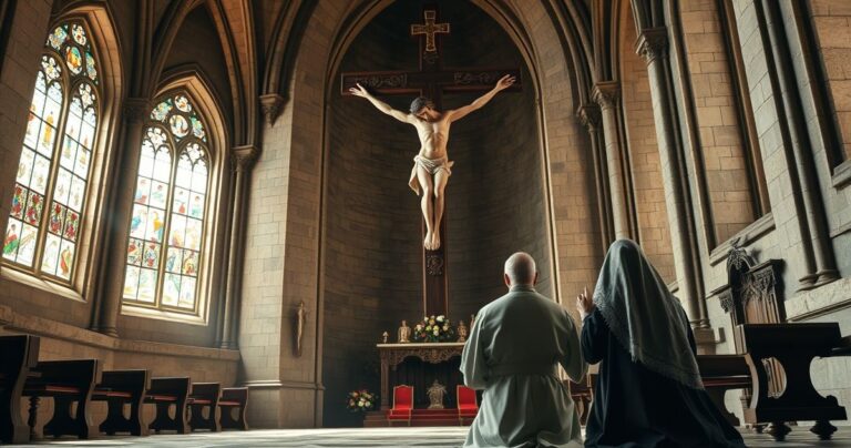 Szlachetni rodzice katoliccy modlący się przy krzyżu w starym kościele, wyraz głębokiej wiary i nadziei, realistyczny i pełen szacunku obraz.