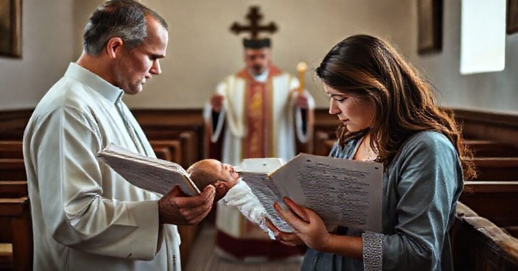 Rodzice z noworodkiem w kaplicy katolickiej, przy dokumencie dotyczącym szczepień i księdzu udzielającym skierowania duchowego.