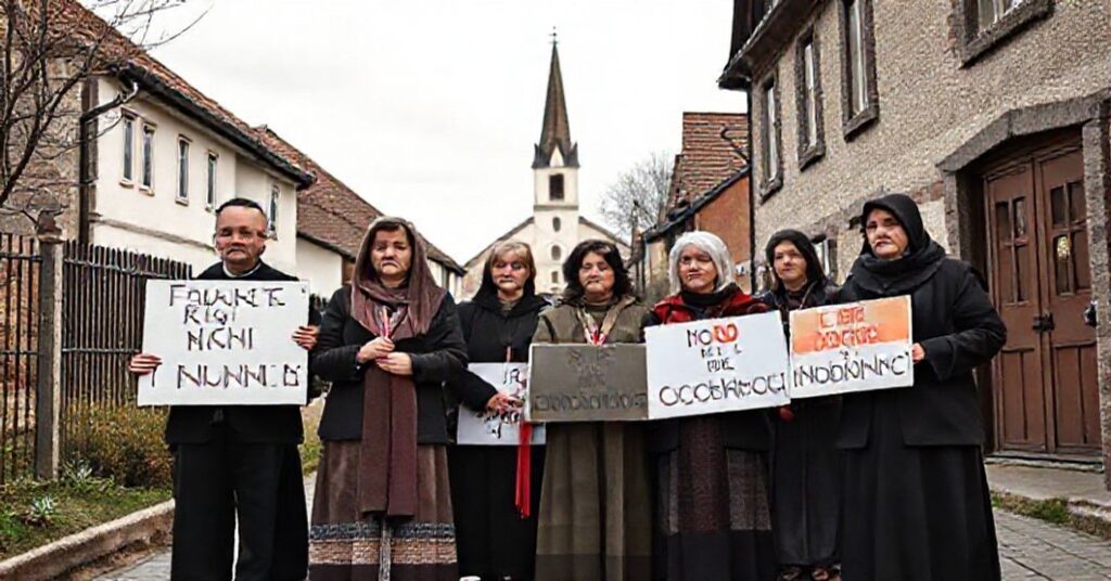 Grupa rodziców w modnej odzieży protestuje przed szkołą przeciwko edukacji zdrowotnej