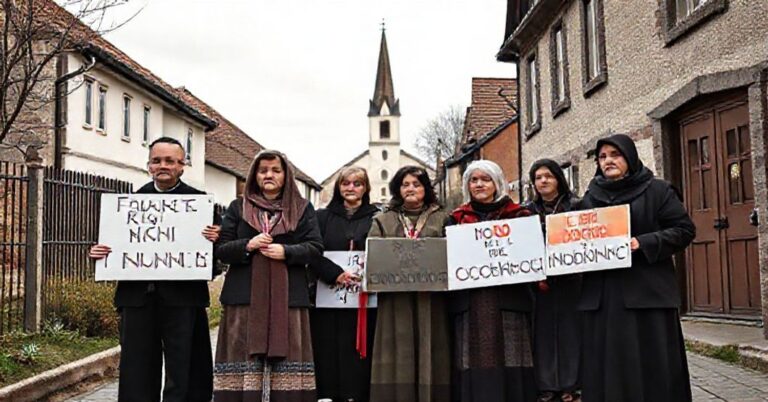 Grupa rodziców w modnej odzieży protestuje przed szkołą przeciwko edukacji zdrowotnej