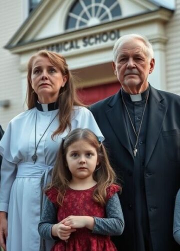 Rodzice sprzeciwiają się propagandzie gender w szkole w Massachusetts Szkoła w Massachusetts, rodzice z dziećmi przed szkołą, wyraz zatroskania i sprzeciwu wobec ideologii genderowej w edukacji