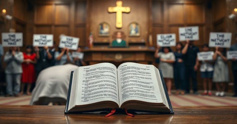 Rodzice i członkowie rad szkolnych modlący się przed ołtarzem z Biblią otwartą na Księdze Rodzaju 1:27, tło przedstawia ich protest przeciwko ideologii genderowej.