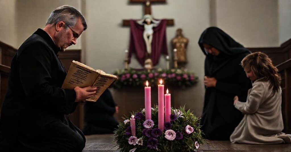 Sobór katolicki z rodziną modląca się przed adwentowym wieńcem świec w tradycyjnym kościele.