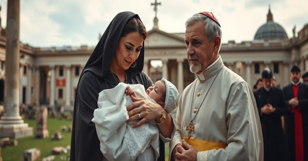 Scena katolicka przedstawiająca rodzinę Bejarano Calvo podczas spotkania z uzurpatorem 'Leo XIV' w Watykanie, symbolizującą manipulację sentymentalną w celach politycznych.