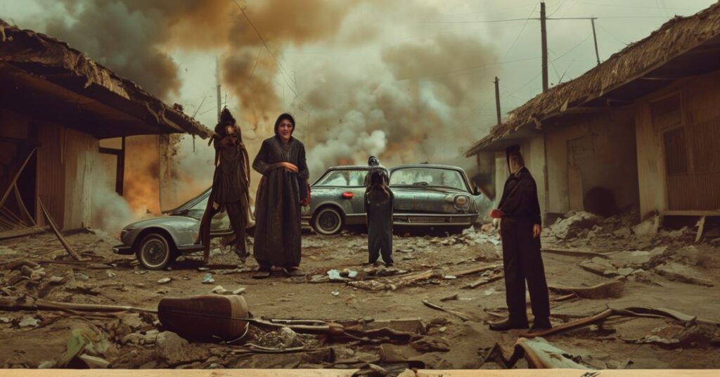 Rodzina Bertich stoi wśród ruin swojego domu w Caracas po eksplozji; obraz symbolizuje krytykę fałszywych cudów i fetyszyzacji przedmiotów religijnych