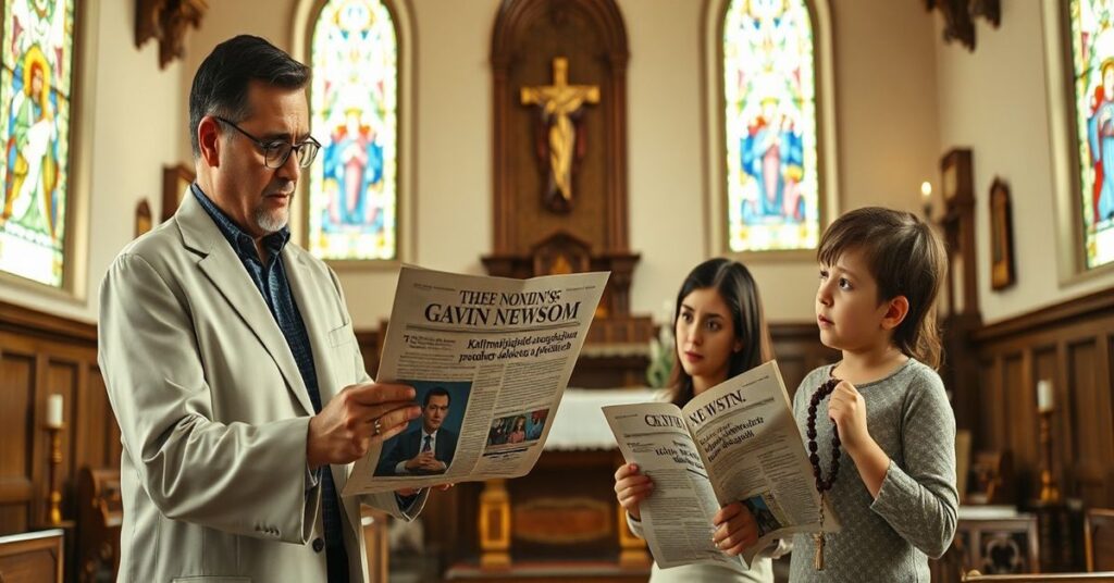 Rodzina katolicka w kościele dyskutuje o polityce Gawina Newsoma dotyczącej ideologii gender