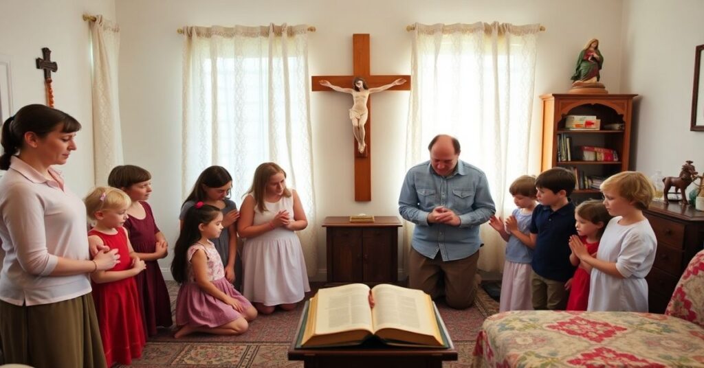 Tradycyjna katolicka rodzina z 14 dziećmi modli się przed krzyżem w skromnym domu