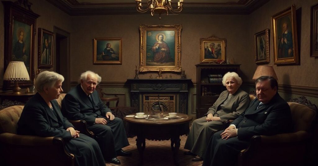 Tradycyjna katolicka rodzina siedząca w ciemnym pokoju z antykowym meblami i brakiem widocznych symboli wiary.