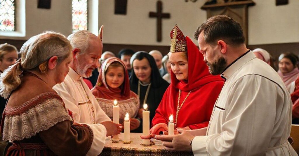 Tradycyjna rodzina katolicka podczas ceremonii małżeńskiej w starym kościele, z biskupem Piotrowskim w tle