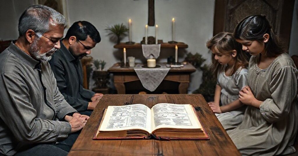 Poświęcona rodzina katolicka modli się przed domowym ołtarzykiem w tradycyjnym stylu, z książkami "Rerum Novarum" i "Quadragesimo Anno" na stole. Scena podkreśla ascezę katolicką i odrzucenie konsumpcjonizmu.