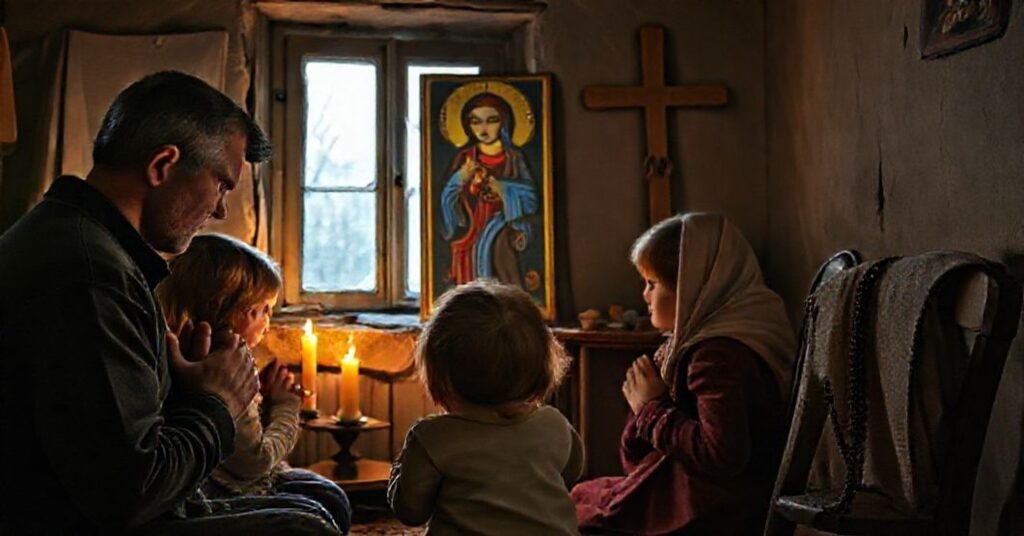 Rodzina katolicka z Donbasu modli się przed ikoną Matki Bożej Pomocniczki Chrześcijan w zniszczonym domu podczas wojny.