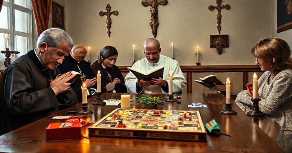 Rodzina katolicka w modlitwie obok porzuconego modernistycznego gry 'Tabu biblijne', podkreślając konflikt między głęboką wiarą a powierzchowną rozrywką.
