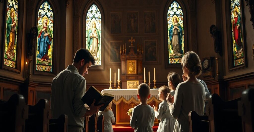 Tradycyjna katolicka rodzina modli się w kaplicy z wystrojem tradycyjnym