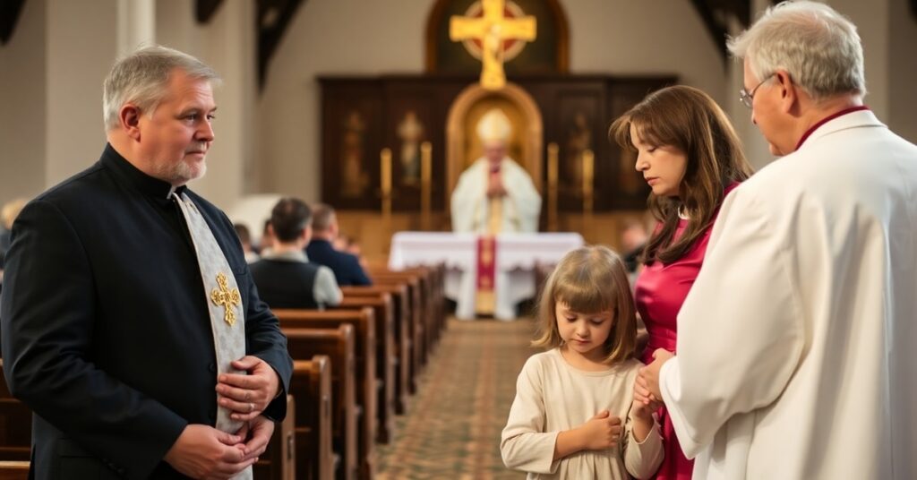 Rodzina modląca się podczas XIV Zjazdu Dużych Rodzin w Lipnie z tradycyjnym kościołem na tle