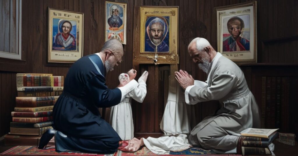 Rodzina katolicka modli się przed krzyżem, z głęboką troską o ingerencję państwa w życie rodzinne i prawo pracy