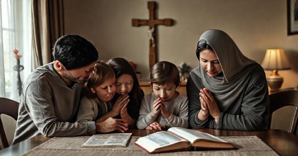 Rodzina katolicka modląca się razem w domu z Biblią i krzyżem w tle.