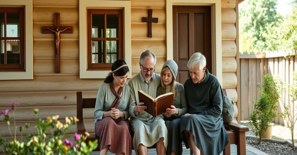 Tradycyjna katolicka rodzina siedzi na prostym drewnianym ławce na skromnym tarasie, otoczona małym ogrodem, czytając wspólnie modlitewnik. Scena jest oświetlona delikatnym światłem naturalnym z subtelnym krzyżem na ścianie jako punktem centralnym. W tle znajduje się prosta drewniana dom z prostymi oknami i drzwiami, podkreślając kontrast między prawdziwym duchowym komfortem a współczesnym materializmem. Wyrazy twarzy rodziny są spokojne ale poważne, odbijające szacunek dla boskiej łaski nad doczesną wygodą.