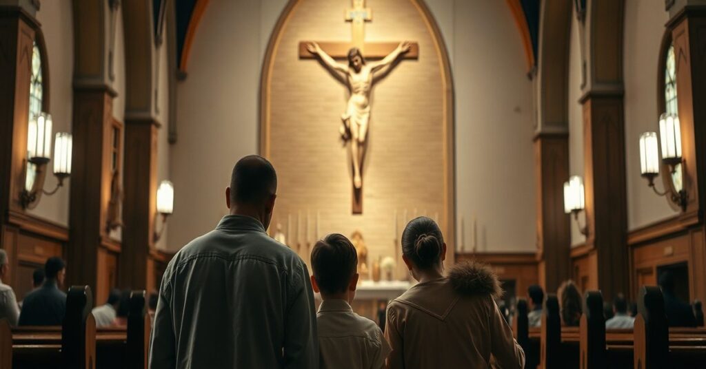 Rodzina modląca się w kościele katolickim pod krzyżem, symbolizując walka o prawdę moralną i rodzinną wartości tradycyjne.