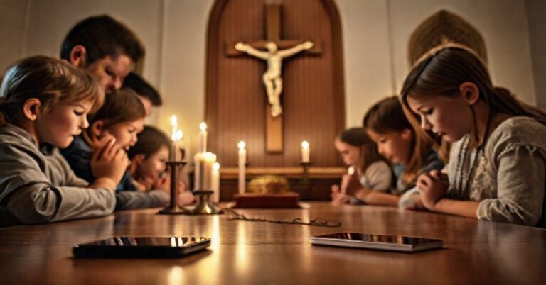 Rodzina katolicka modli się przed krucyfiksem, ignorując telefon komórkowy. Scena podkreśla wartości wiary i duchowego wychowania.