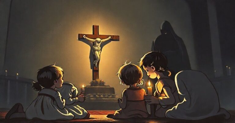 Rodzina katolicka modli się przed krzyżem w ciemnym kościele