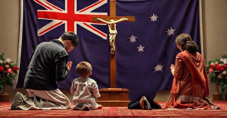 Rodzina katolicka modli się przed krzyżem jako symbol oporu wobec zakazu mediów społecznościowych w Australii
