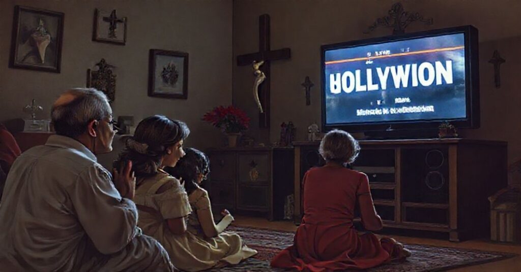 Rodzina katolicka modli się przed krzyżem z telewizorem w tle emitującym propagandowy film aborcyjny.