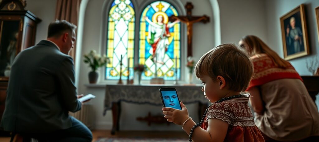 Rodzina katolicka modli się przed ołtarzem z krucyfiksem podczas gdy dziecko wpatruje się w smartfon z ekranem AI - symbol zagrożenia dla wiary przez nowoczesne technologie