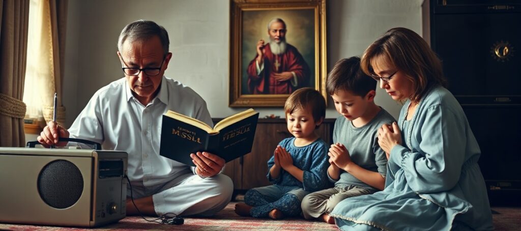 Tradycyjna katolicka rodzina modli się razem w domu z modlitwnikiem św. Piusa X i starym komputerem w tle.