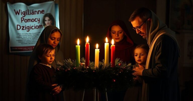 Rodzina katolicka modli się przy adventowej koronce świecowej w tradycyjnych strojach modnych.