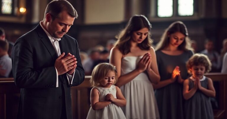 Tradycyjna katolicka rodzina modli się razem w kościele w świetle świec. Rodzice trzymają się za ręce, a dzieci klęczą obok nich.