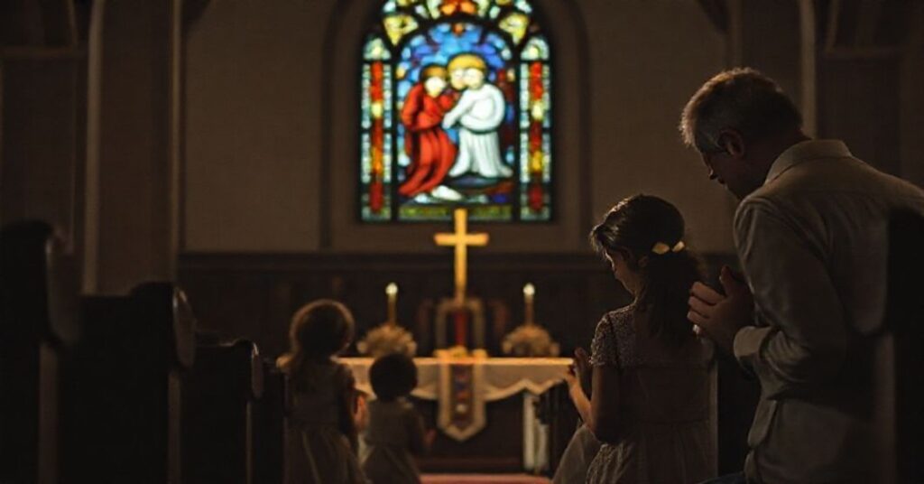 Tradycyjna rodzina katolicka modli się w ciemnym kościele, podświetlona blaskiem przez witraż przedstawiający Świętą Rodzinę.
