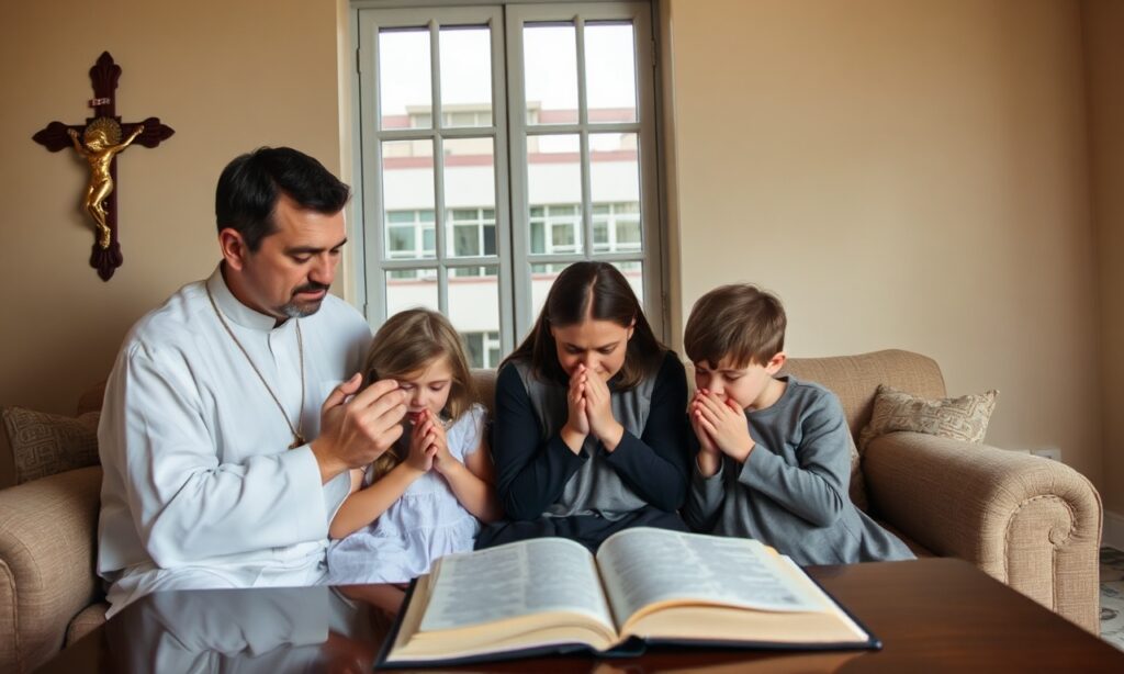 Rodzina katolicka modli się razem w pokoju z krzyżem na ścianie i otwartą Biblią na stole