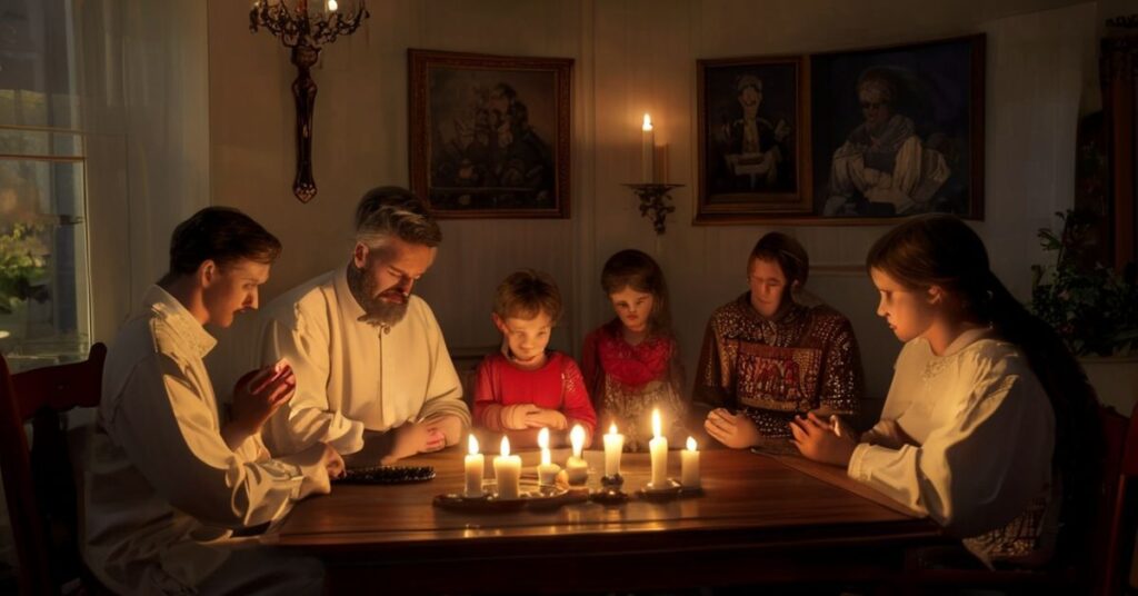 Rodzina katolicka modli się wspólnie w tradycyjnym francuskim salonie, z rodzicami i dziećmi zebranymi przy stole z drewnianą szatą. Ojciec trzyma różaniec, matka składa ręce w modlitwie, a dzieci patrzą wzniośle. Krucyfiks wiszący na ścianie symbolizuje królestwo Chrystusa nad domem.